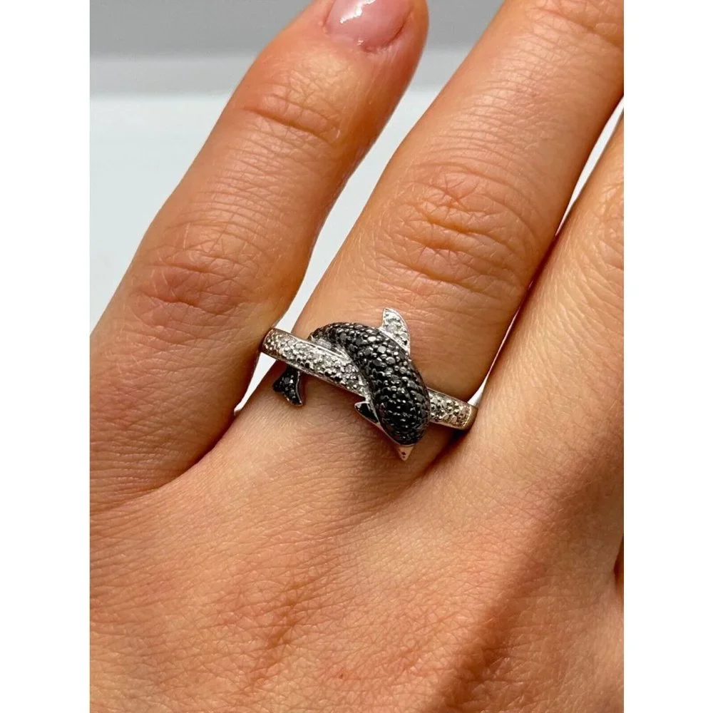 925 STERLING SILVER MARCASITE & CZ DOLPHIN RING SIZE 6